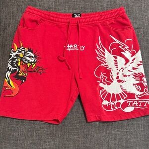 Y2K Tattoo Graphic Sweat Shorts Red Dragon Tiger Ed Hardy Style XL